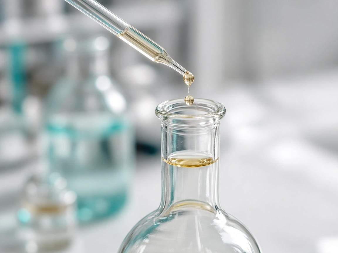 Close-up of a pipette transferring liquid into a volumetric flask