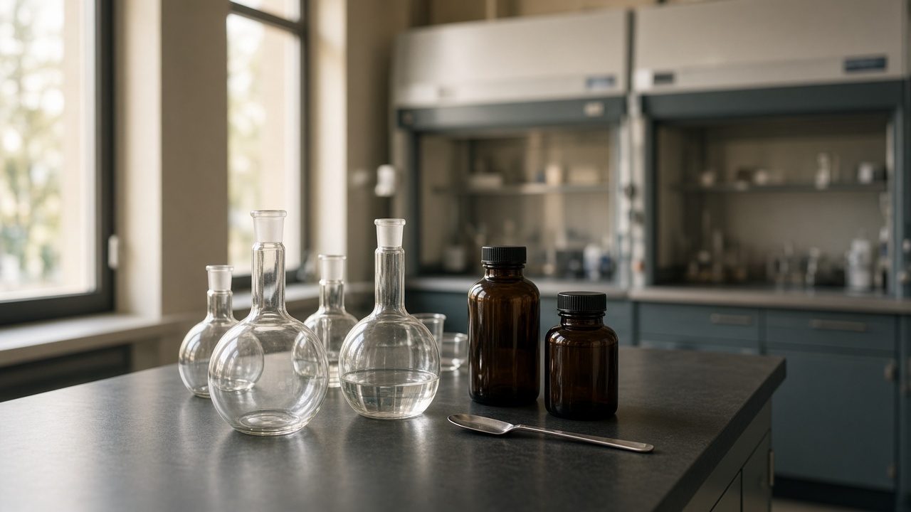 Glassware on a chemistry laboratory bench in natural light
