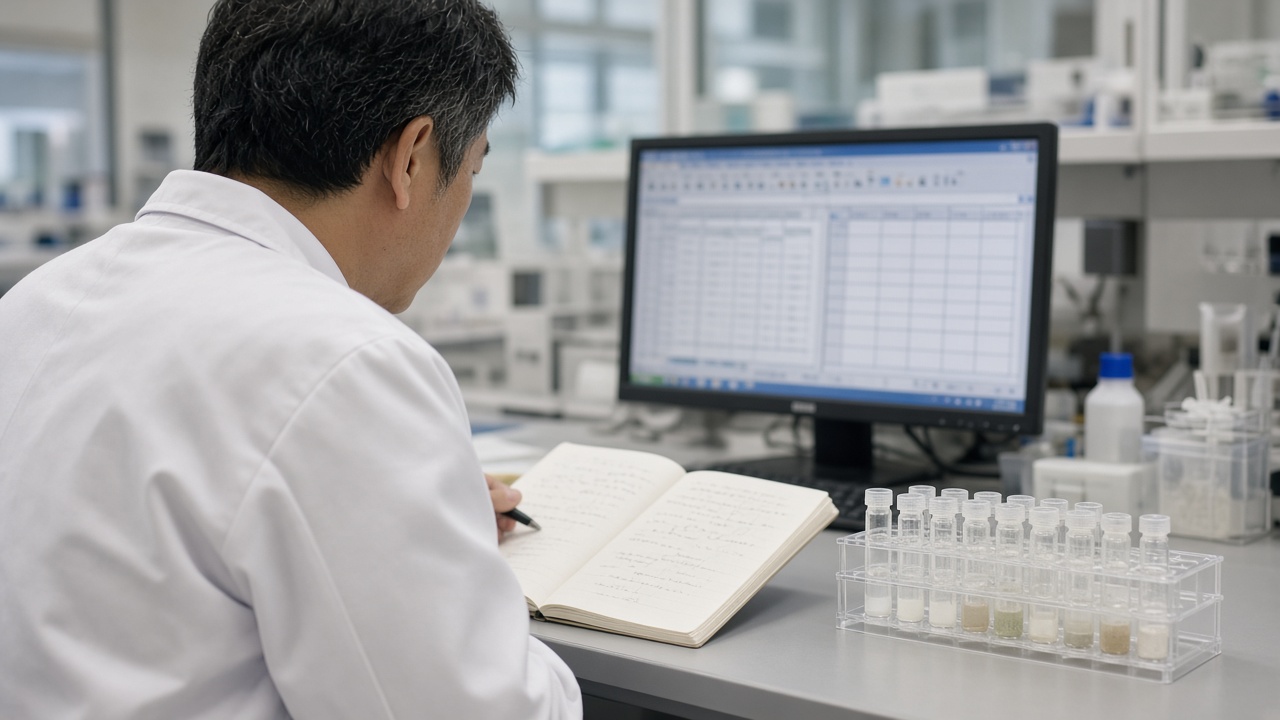 A researcher reviewing samples and notes at a laboratory bench