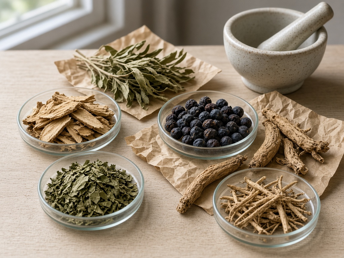 Medicinal botanicals arranged as a scientific study in glass dishes